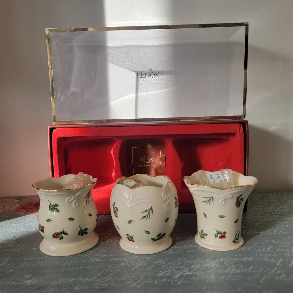Lenox Holiday Votives Set of 3 Holly Leaves & Berries Christmas Seasonal Classic